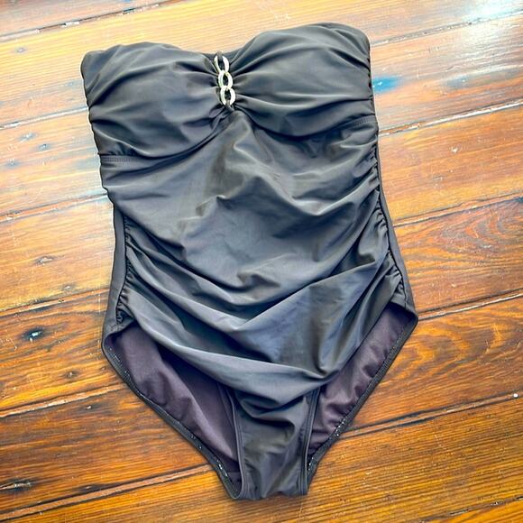 Anne Cole rusched stomach spinning strapless bandeau one piece swimsuit sz 10 - Picture 1 of 5